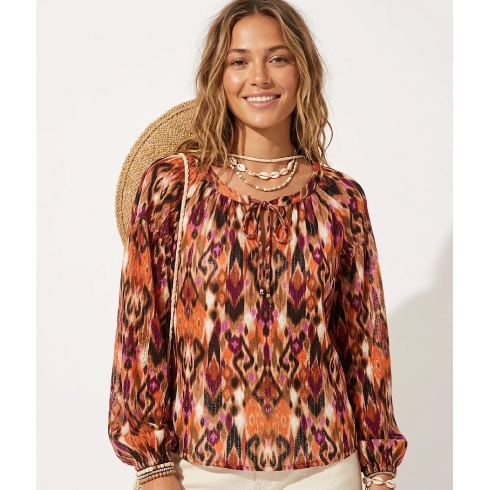 Jane & Delancey Multi Color Tie Front Soft Rayon Long Sleeve Blouse XL